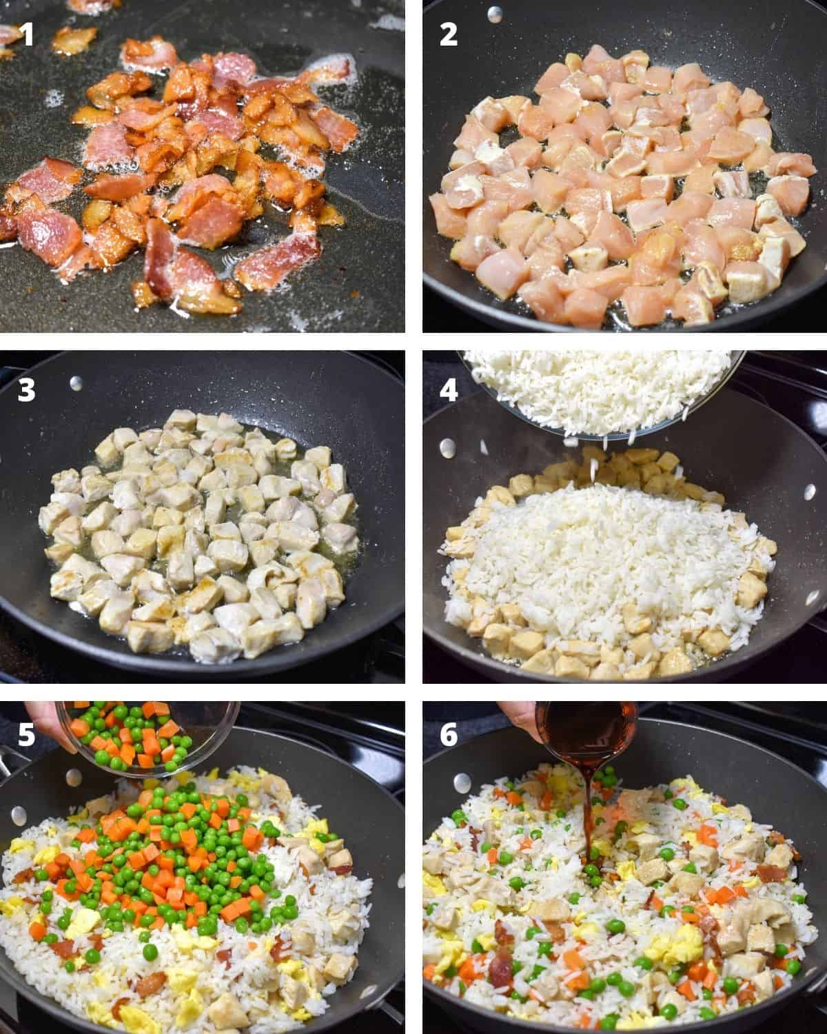 A collage of six images illustrating the steps for making the chicken fried rice.