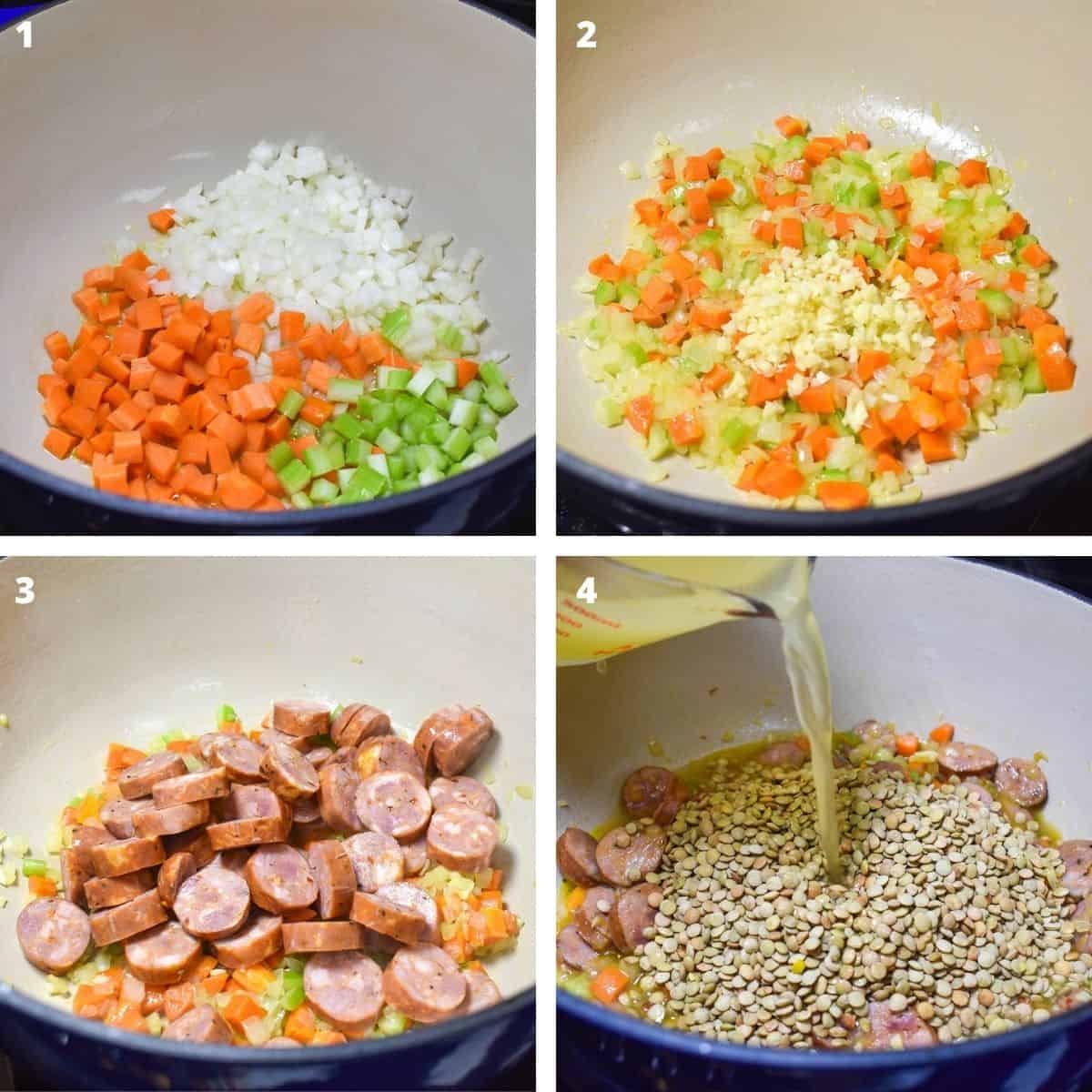 A collage of four images showing the steps of making the lentil soup.