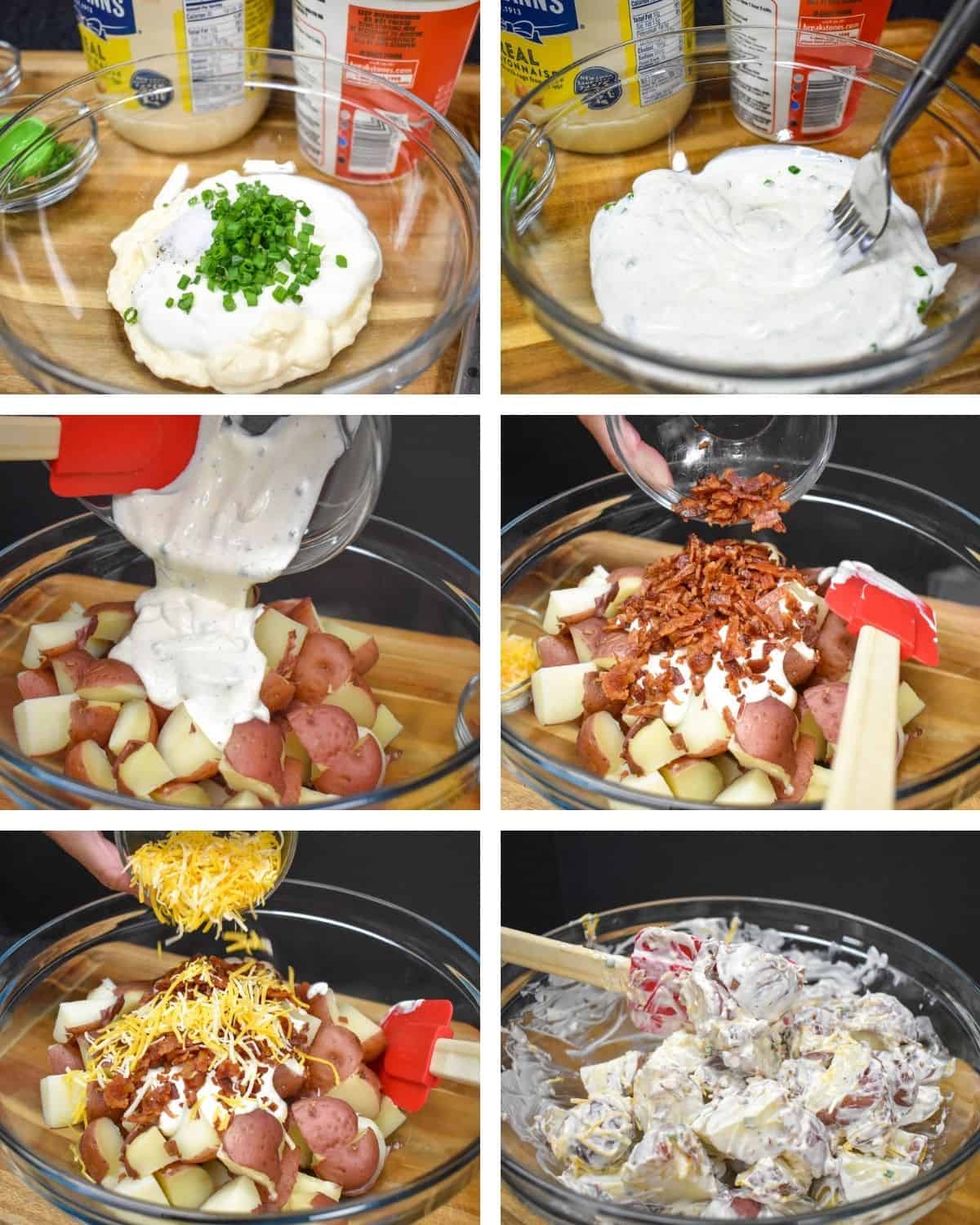 A collage of six images showing how to put together the loaded potato salad.