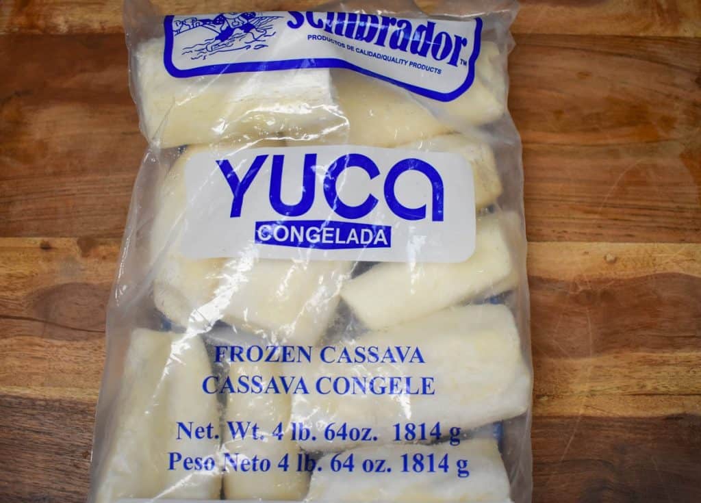 Frozen Yuca in a 4 pound package with blue lettering. 