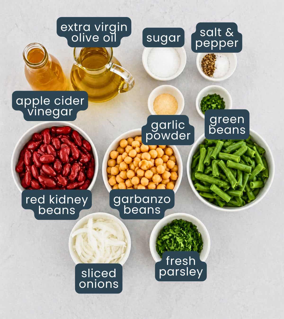 The ingredients for the salad arranged on a white table and labeled.