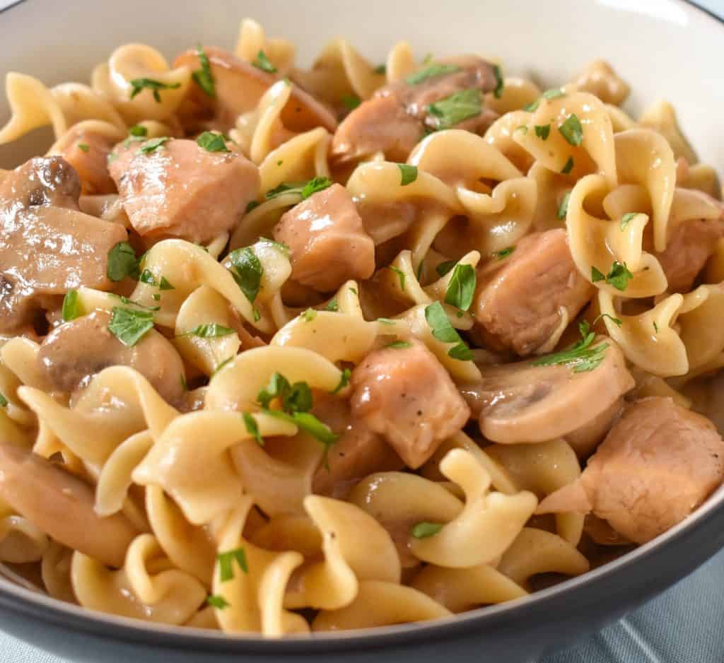 A close up image of egg noodles, cubed chicken and mushrooms.