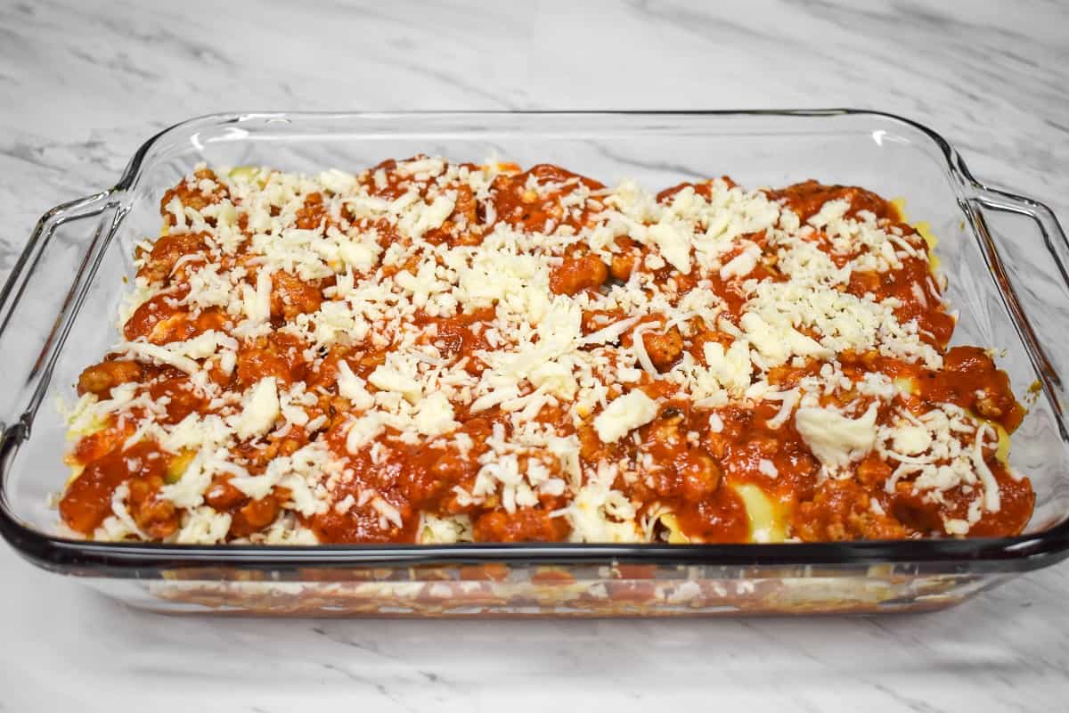 The assembled ravioli casserole, before baking.