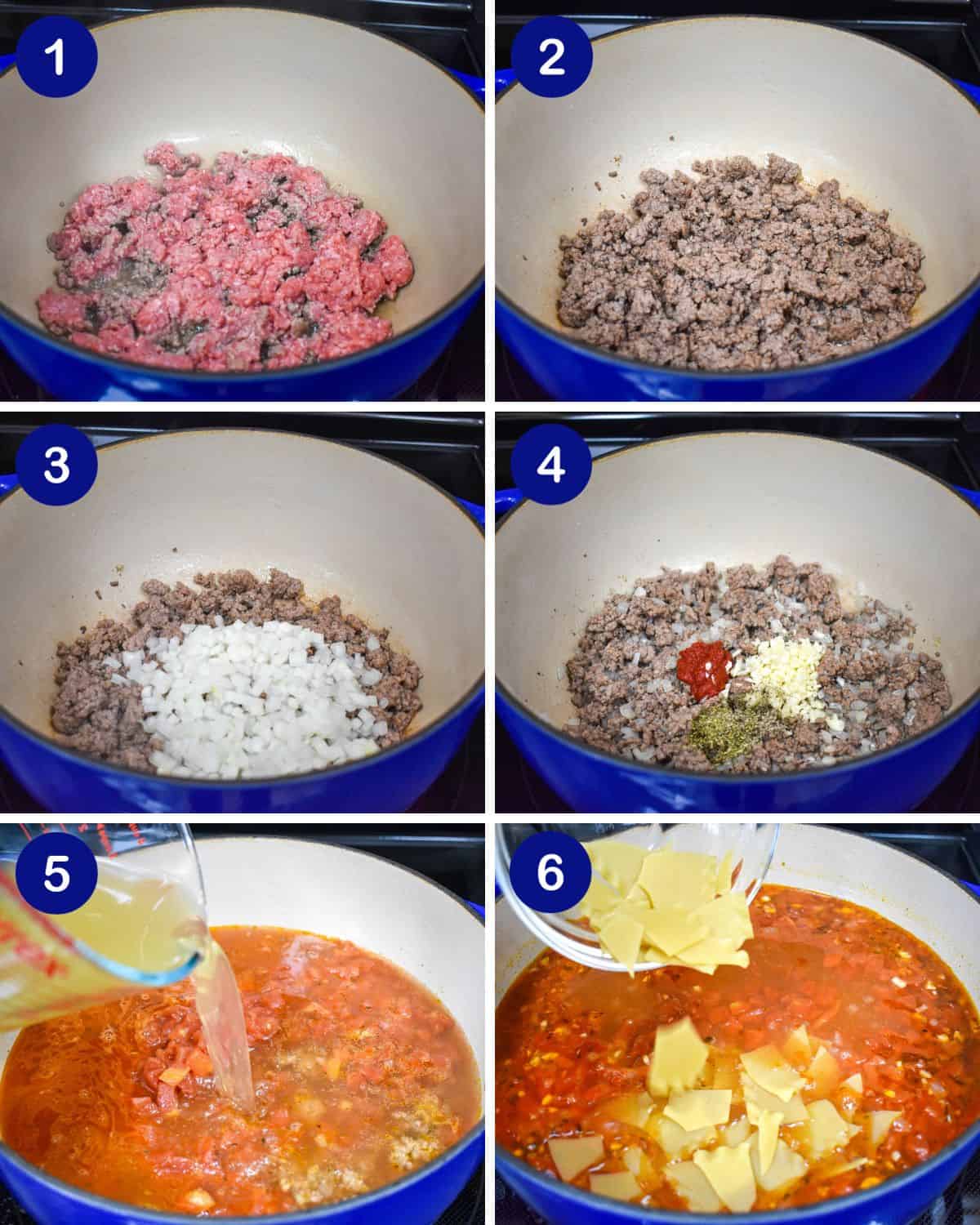 A collage of six images showing the steps of making the soup in a large blue and white pot.