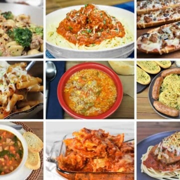 A collage of nine recipes featuring Italian sausage.