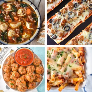A collage of four images of recipes feature in the article. From left to right, sausage tortellini soup, French bread pizza, sausage cheese balls, and baked ziti.