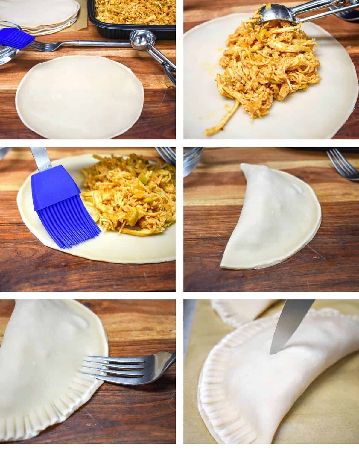 A collage of six images showing the steps to making the chicken empanadas.