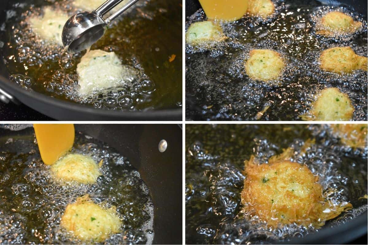 A collage of four pictures showing malanga fritters frying.