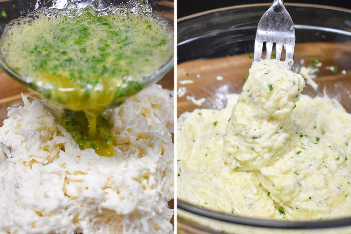 A collage showing two images, one is the egg mixture being added to shredded malanga and the second is the combined malanga mixture.