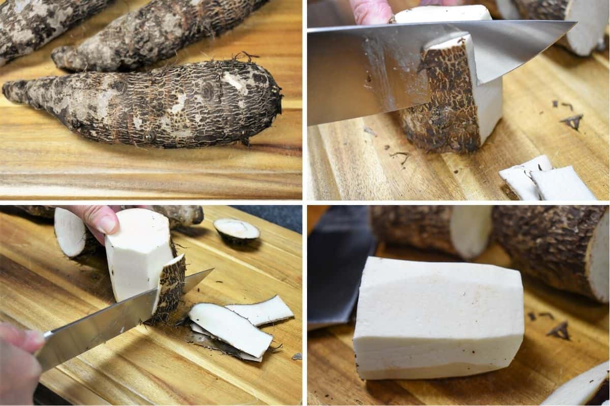 A collage of four images showing how to peel a malanga.