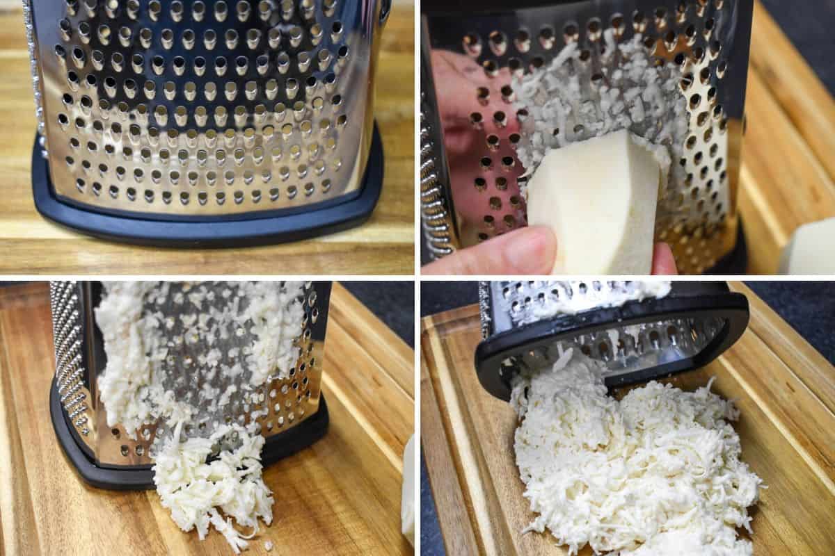 A collage of four pictures showing how to shred malanga including a box shredder and the shredded malanga.
