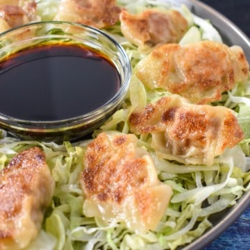 Pork potstickers arranged on a bed of shredded lettuce on a gray plate with a small bowl of soy sauce in the middle.