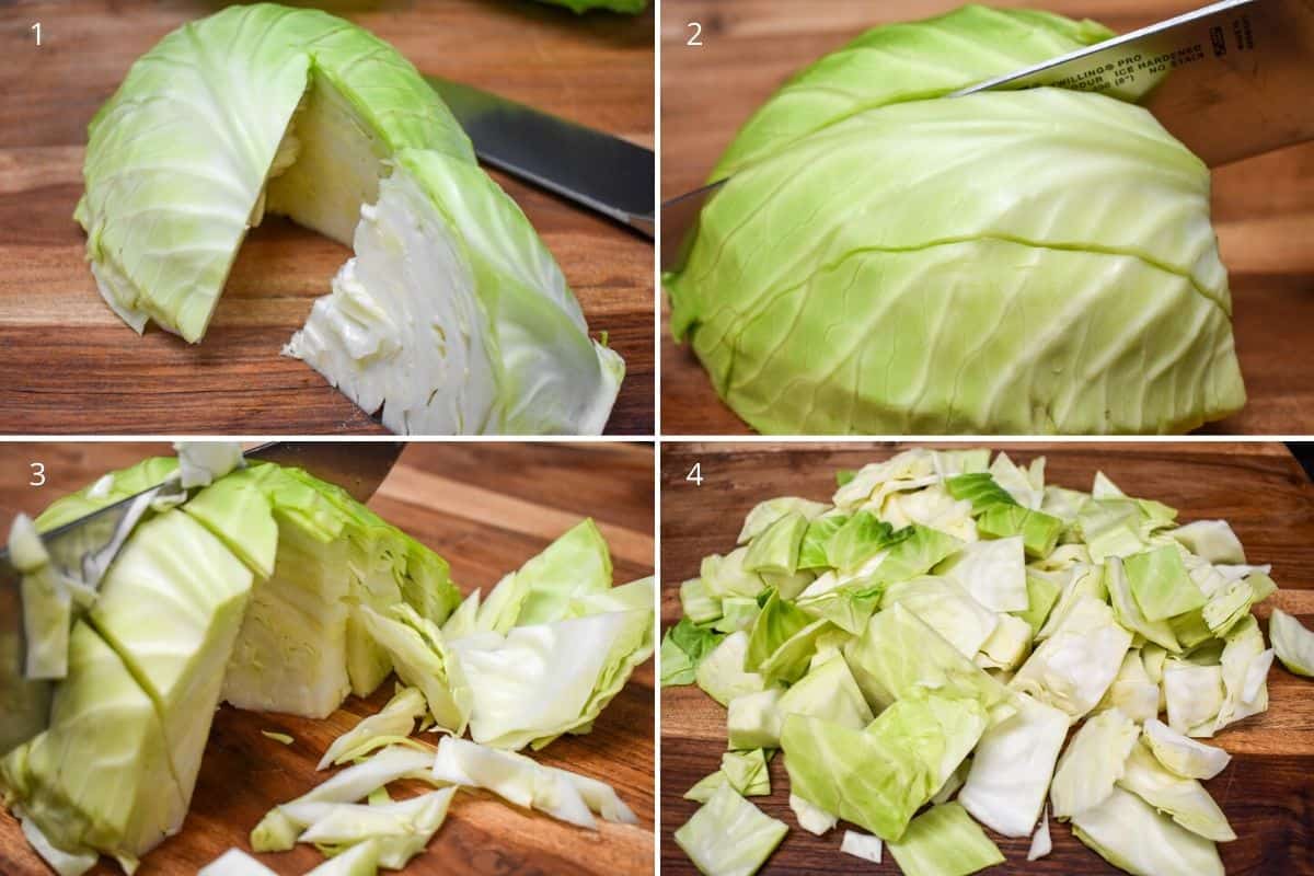 Four pictures showing steps of chopping cabbage on a wood cutting board.