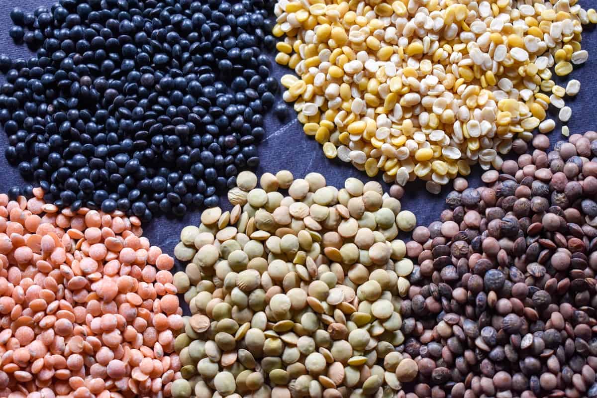 Five different varieties and color of lentils in small piles on black table.