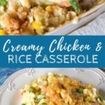 Two images of the casserole with a blue graphic between them with the title in white letters.