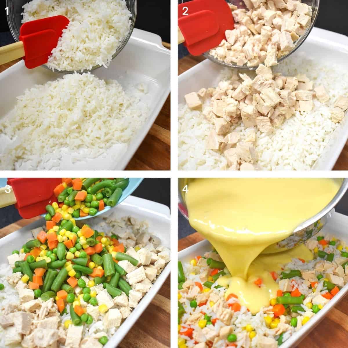 A collage of four images showing the steps to building the casserole.