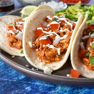 Shredded chicken served in flour tortillas topped with sour cream, diced tomatoes, onions and cilantro.