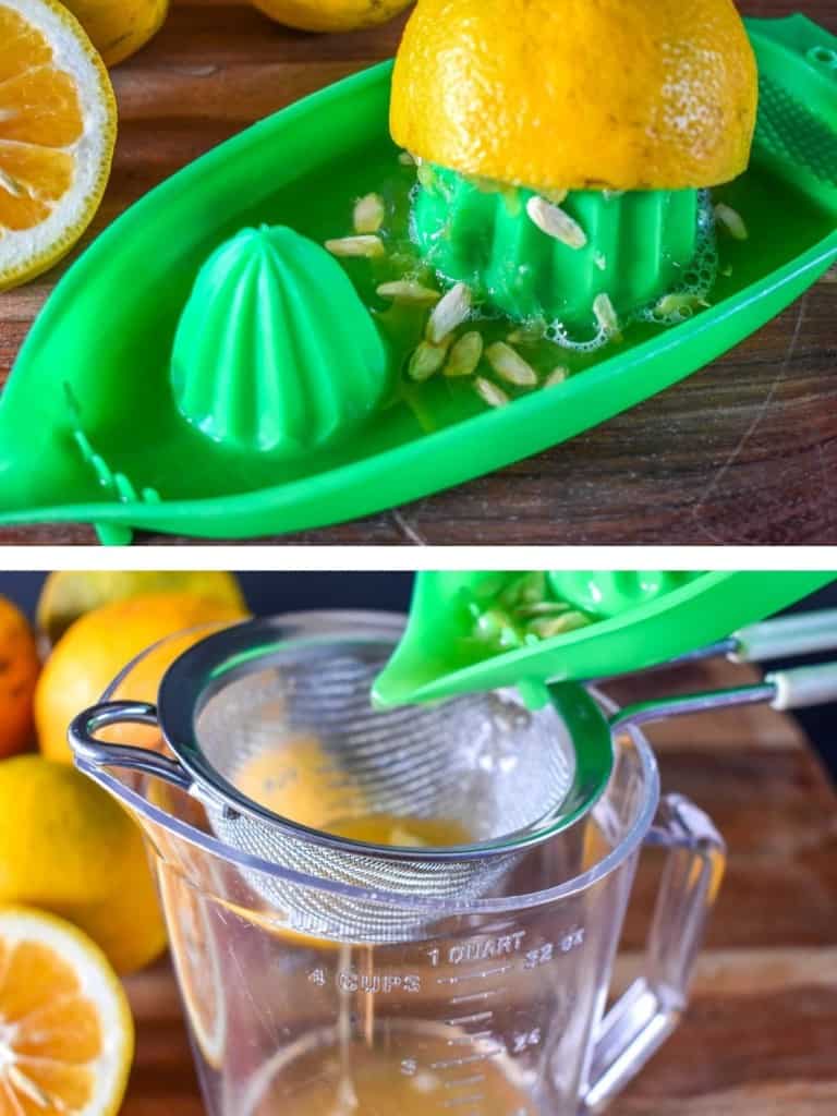 An image of sour orange being juiced on a green juicer. Underneath is an image of the juice being added to a glass measuring cup through a strainer.