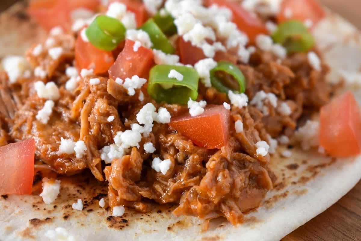 A close up of a shredded pork taco topped with diced tomatoes, green onions and queso fresco.