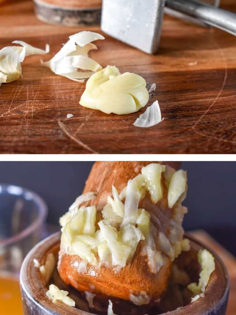 Two images of garlic being broken down. The top picture is a smashed clove on a wood cutting board and the bottom one is garlic in a mortar and pestle. 