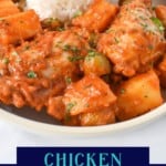 A close up image of the fricase de pollo (chicken fricassee) served with a side of white rice in a white plate and garnished with chopped parsley. Under the picture is a blue graphic with the title in aqua and yellow letters.