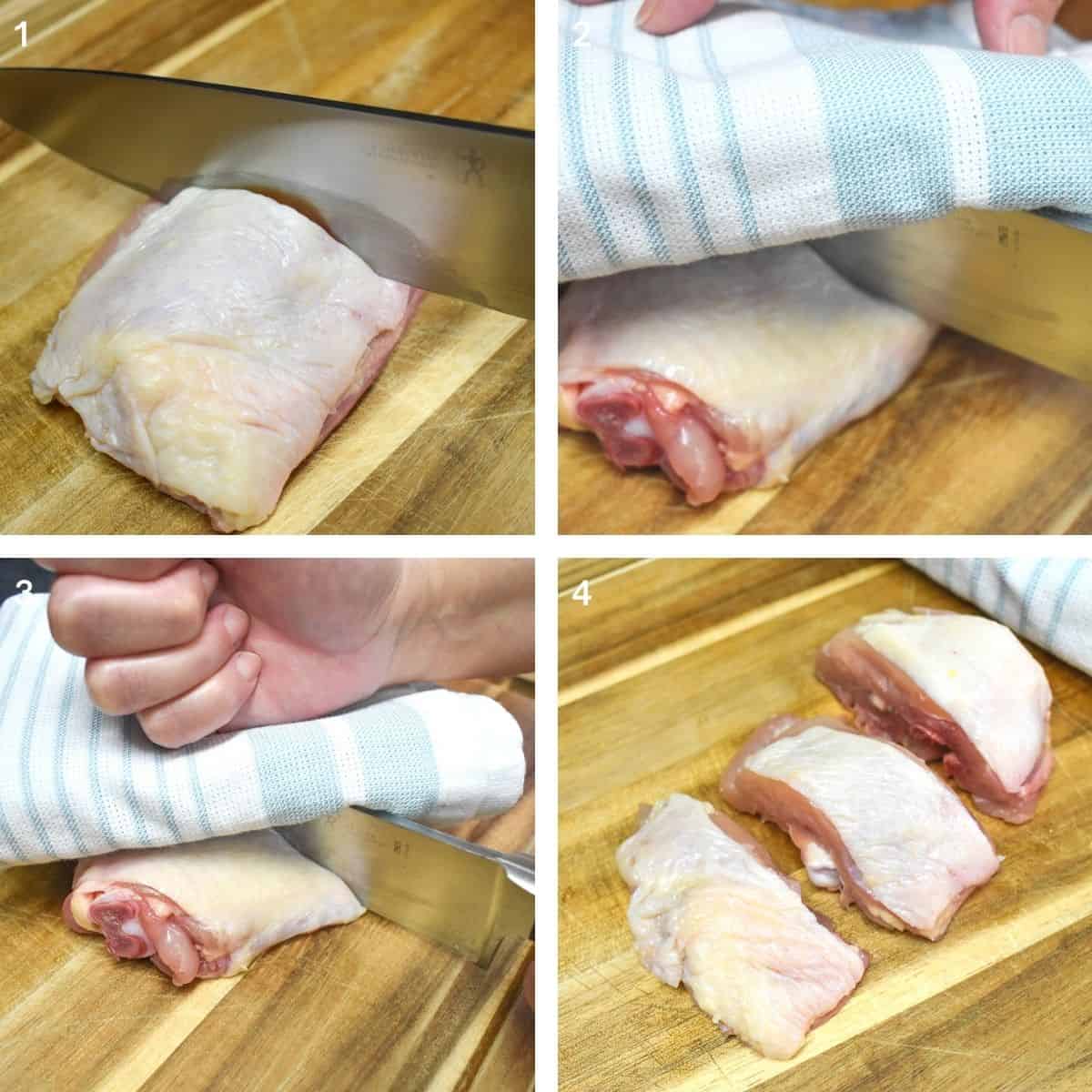 A collage of four images showing the steps to cutting the chicken into pieces.