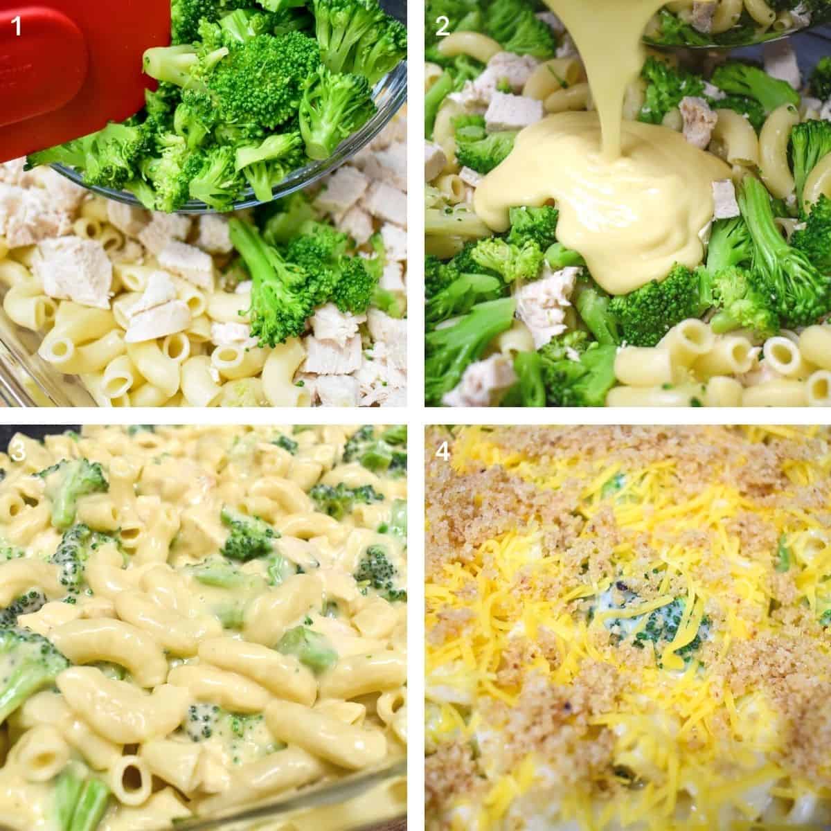 Four images showing the steps to making the chicken and broccoli casserole.