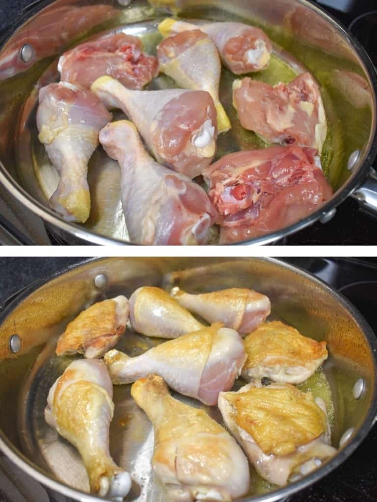 Two images of the chicken pieces browning in a large, deep skillet.