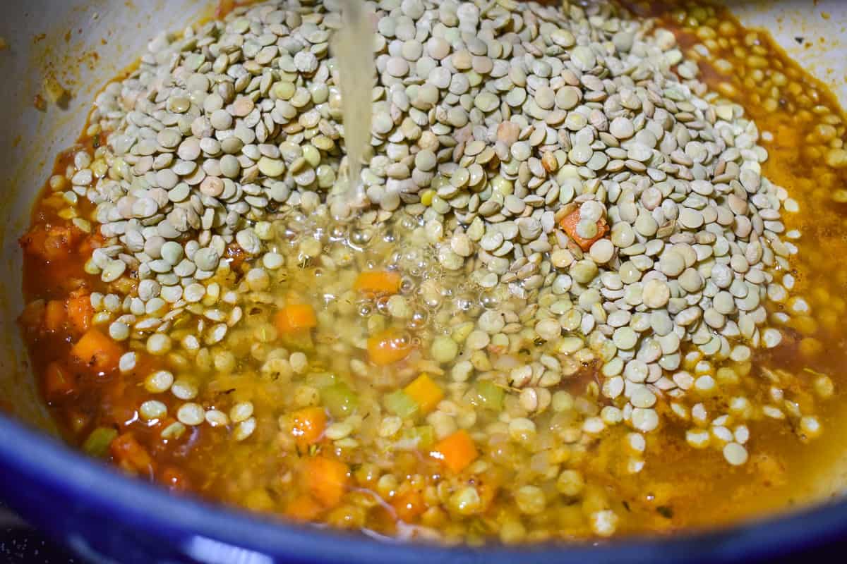 Adding chicken broth to the lentils in a pot.