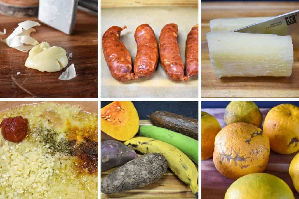 A collage of six pictures featuring ingredients including garlic, chorizo, yuca, and sour oranges.