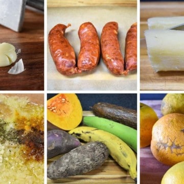 A collage of six pictures featuring ingredients including garlic, chorizo, yuca, and sour oranges.
