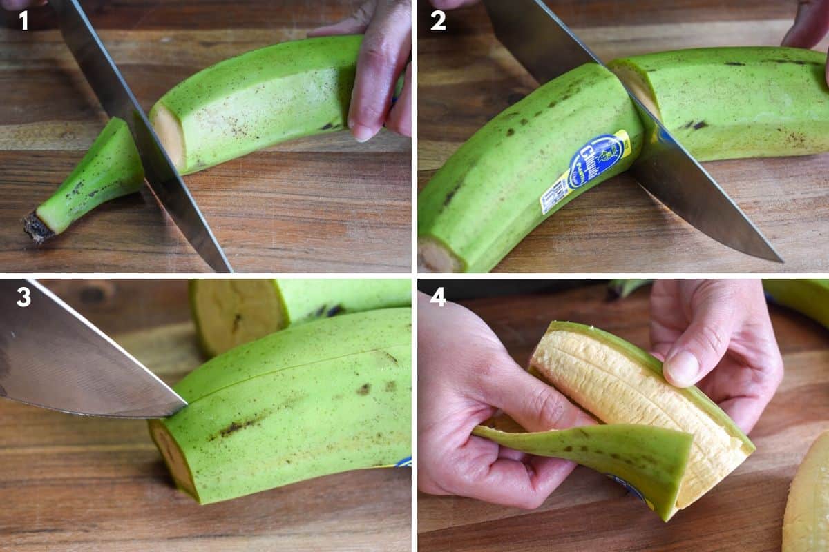 Cuatro imágenes que muestran cómo pelar un plátano verde.