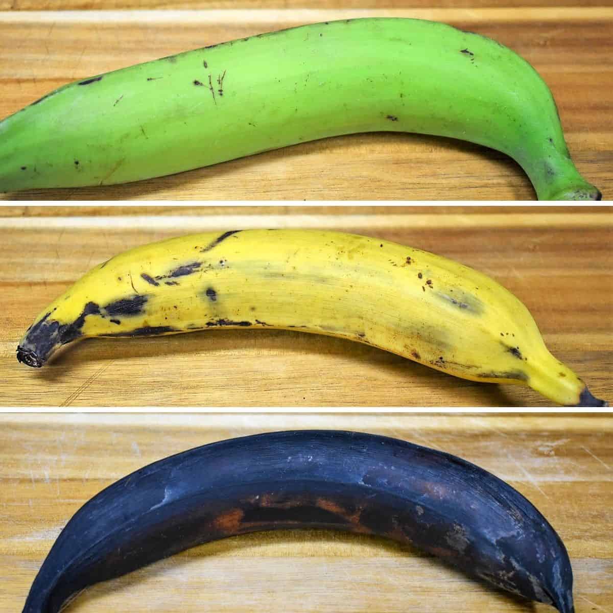 Three plantains in different levels of ripeness, green, yellow and black.