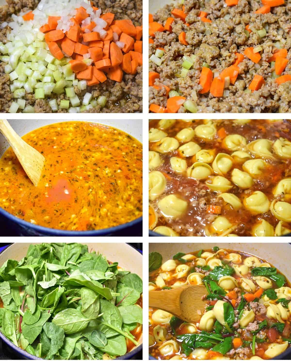 A collage of six images showing the steps to making the sausage tortellini soup.