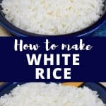 Two images of the finished white rice with a graphic in the center in blue with white letters with the title.