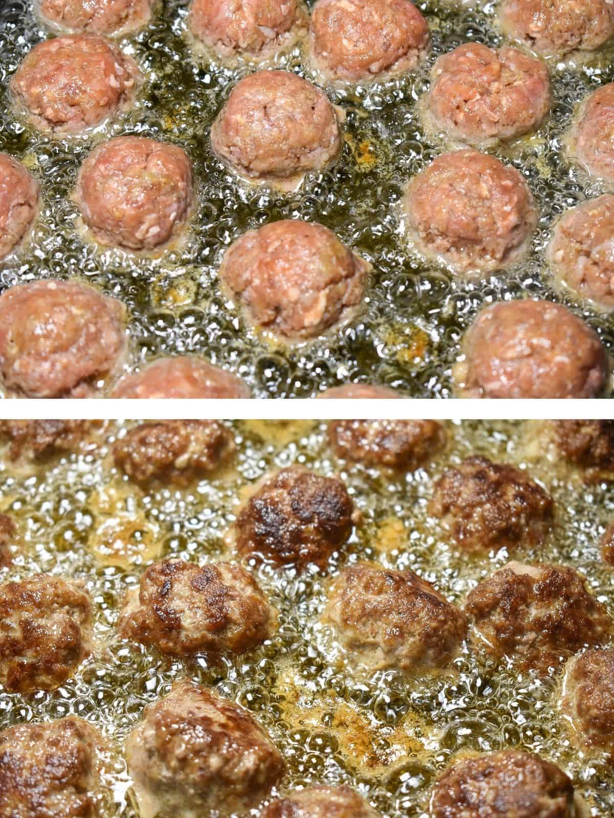 Two images showing meatballs frying.