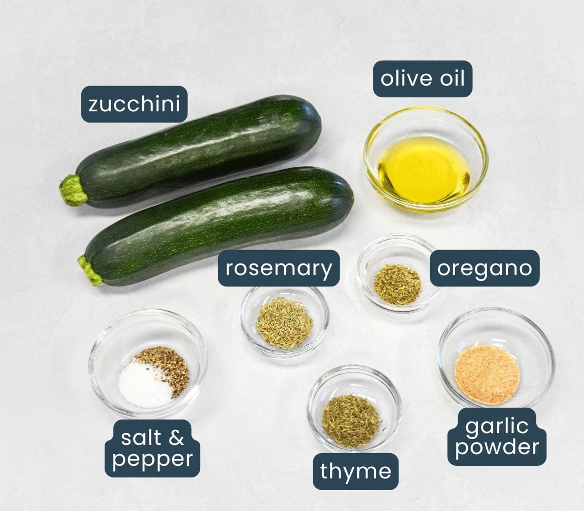 Ingredients for grilled zucchini including fresh zucchini, olive oil, garlic powder, dried rosemary, oregano, thyme, salt, and black pepper, set on a white table and labeled.