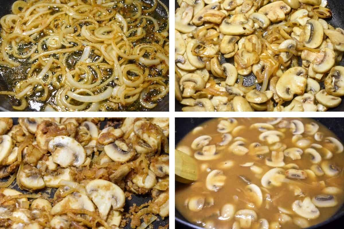 A collage of four images showing the steps to making mushroom gravy.