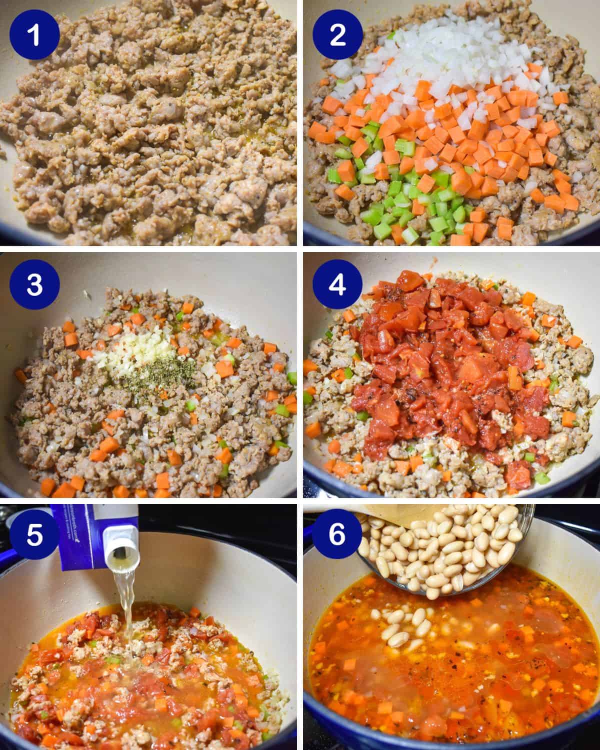 A collage of six pictures showing the steps to making sausage white bean soup.