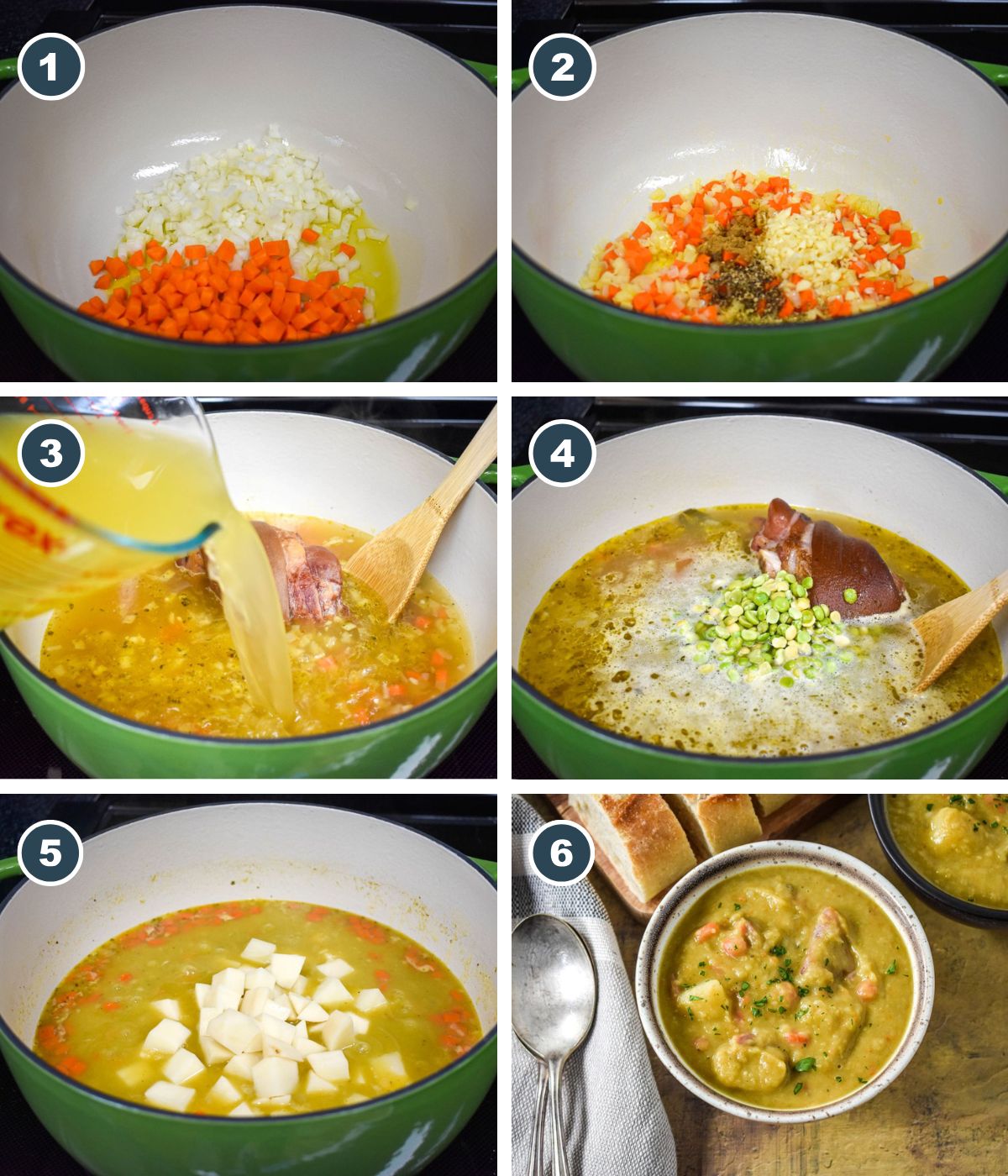 Six-step photo collage showing how to make the soup from sautéing vegetables to the finished dish.