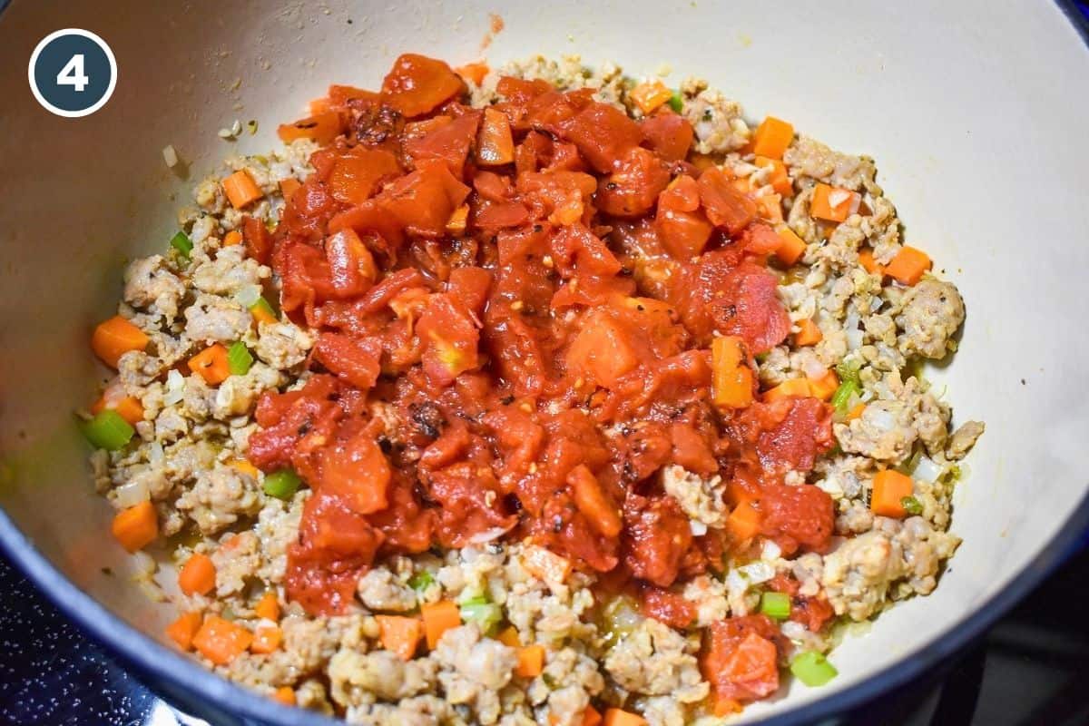 Diced tomatoes added to the Italian sausage and vegetables.
