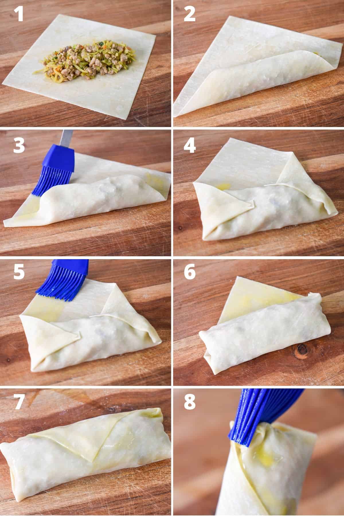 A collage image of eight pictures showing the steps described on how to build an egg roll.