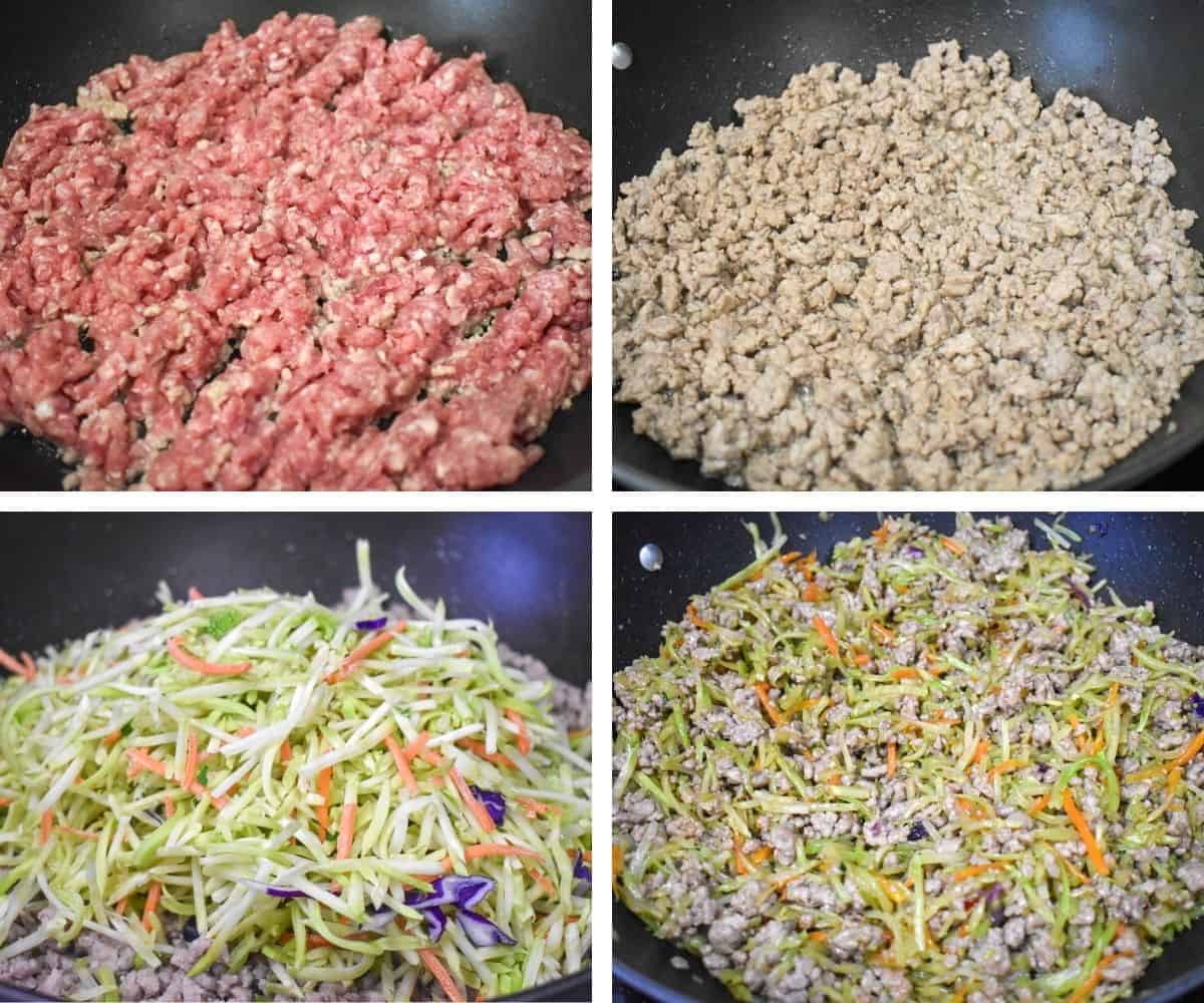 A collage of four images showing how to make the egg roll filling.
