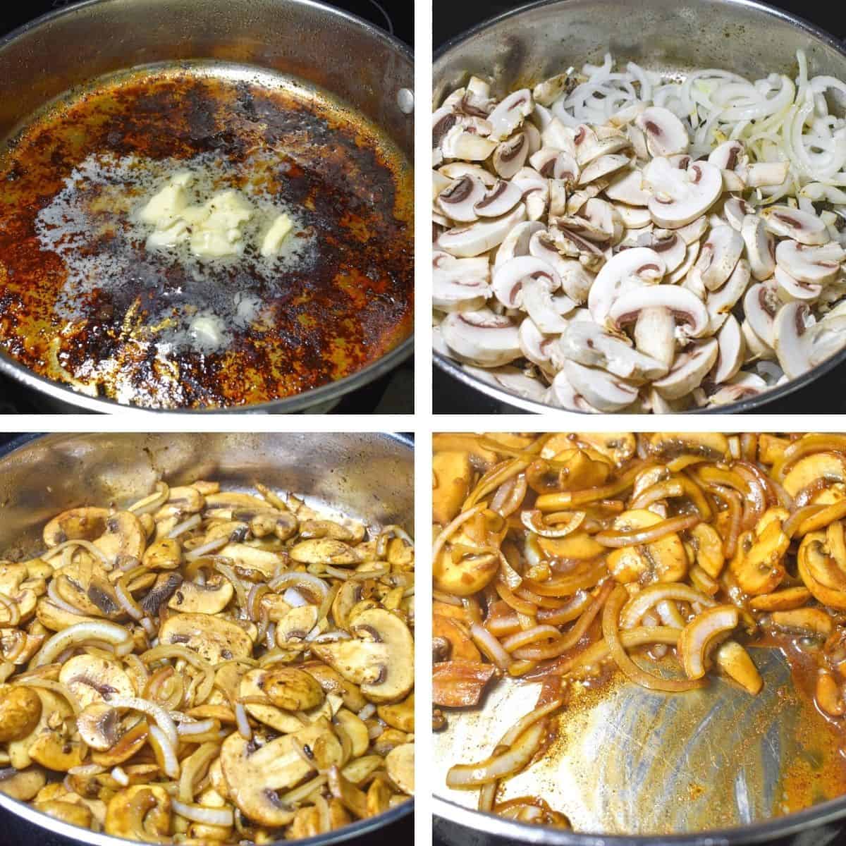 Four images showing the steps to cooking the onions and mushrooms in the pan drippings.