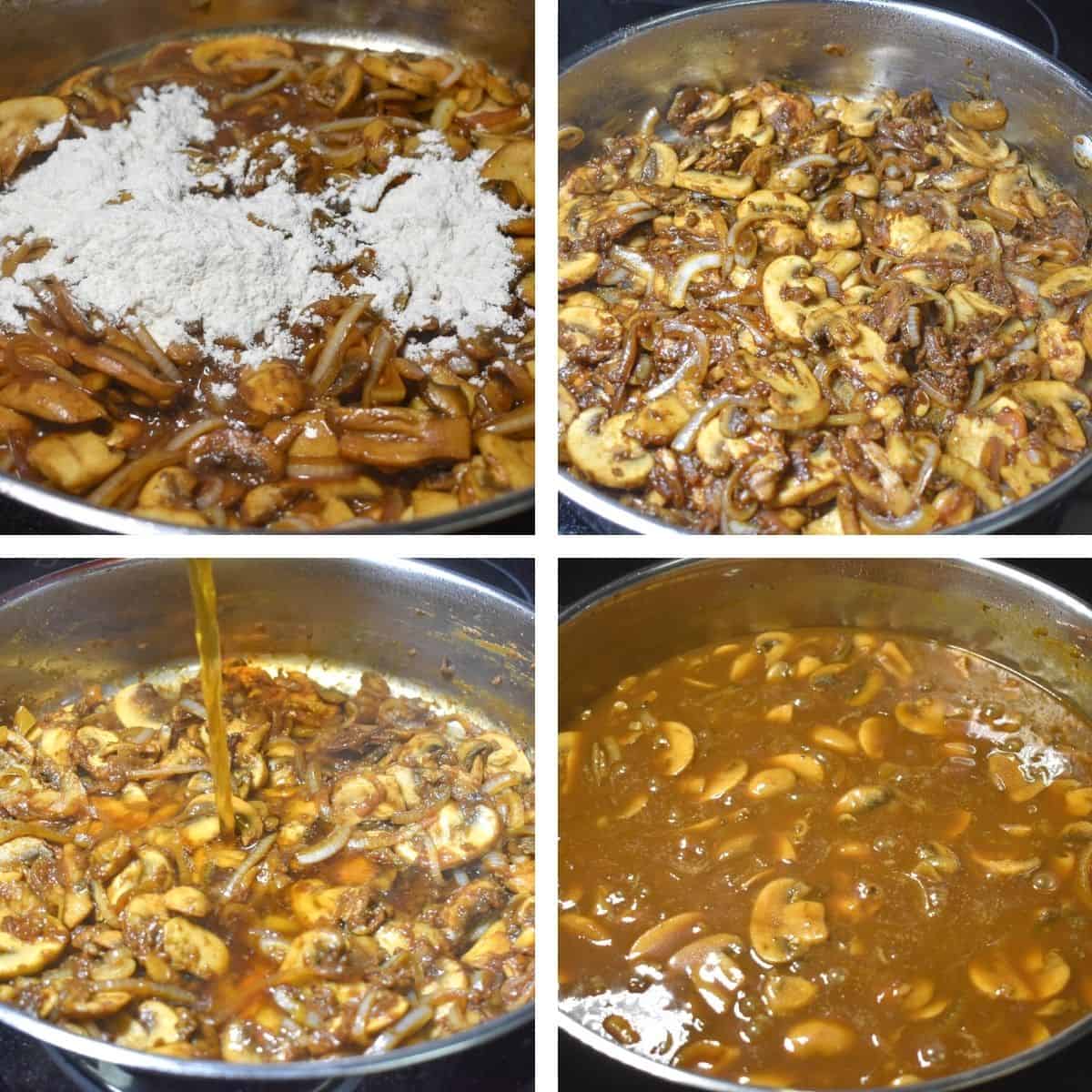 Four images showing the steps to making the mushroom gravy.