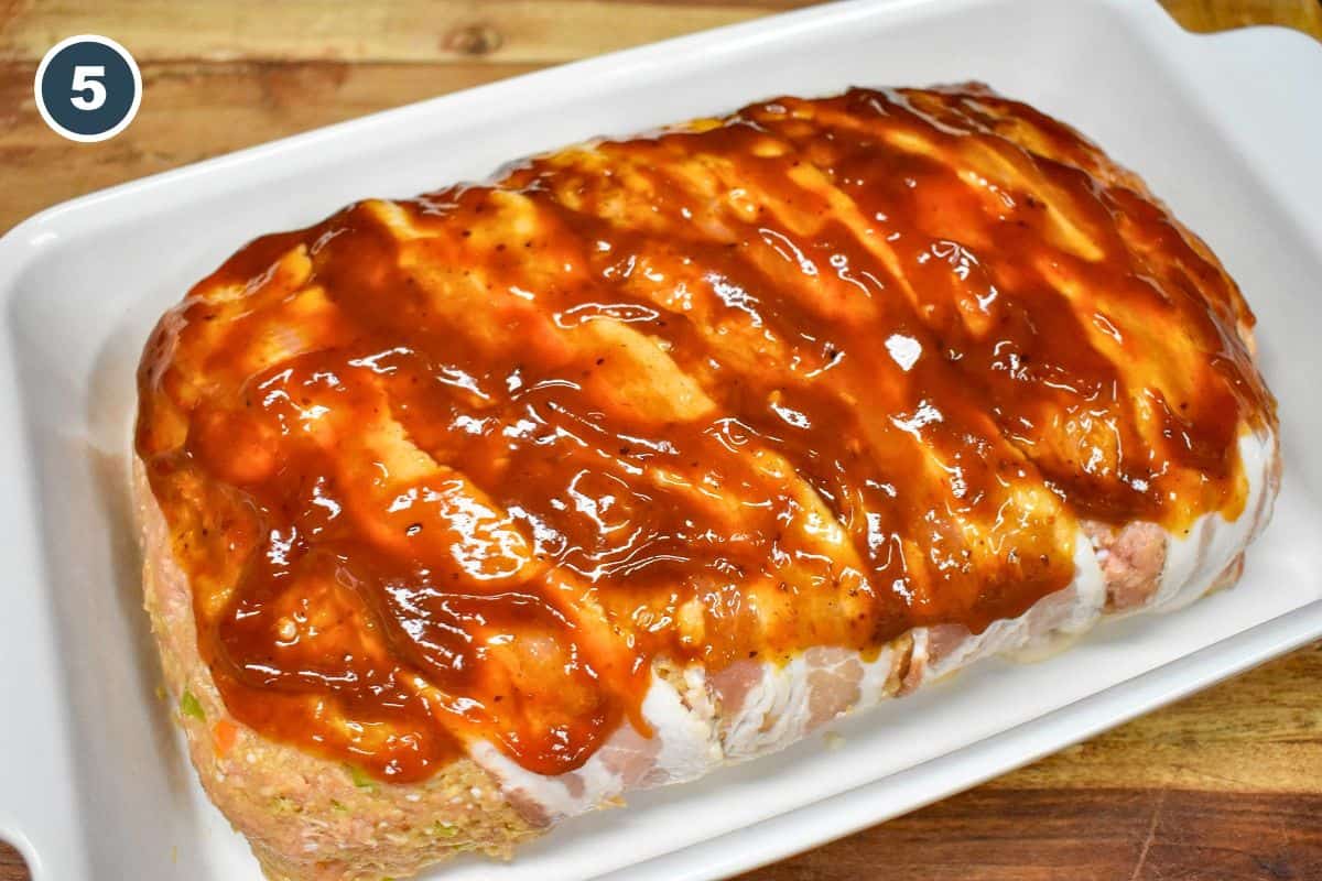 Bacon-topped turkey meatloaf brushed with ketchup and steak sauce glaze.