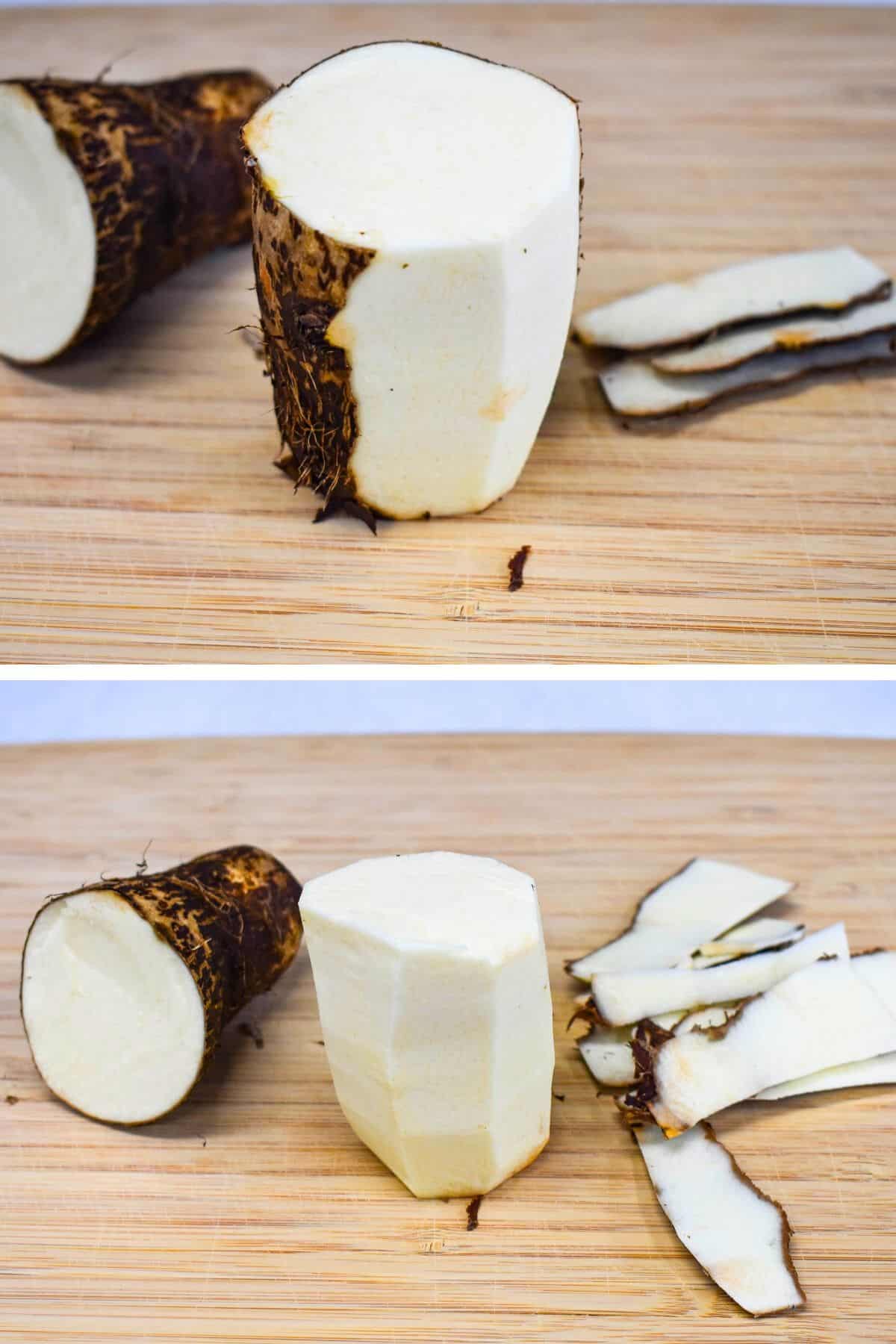 Two images showing a malanga cut in half in the process of peeling on a wood cutting board.