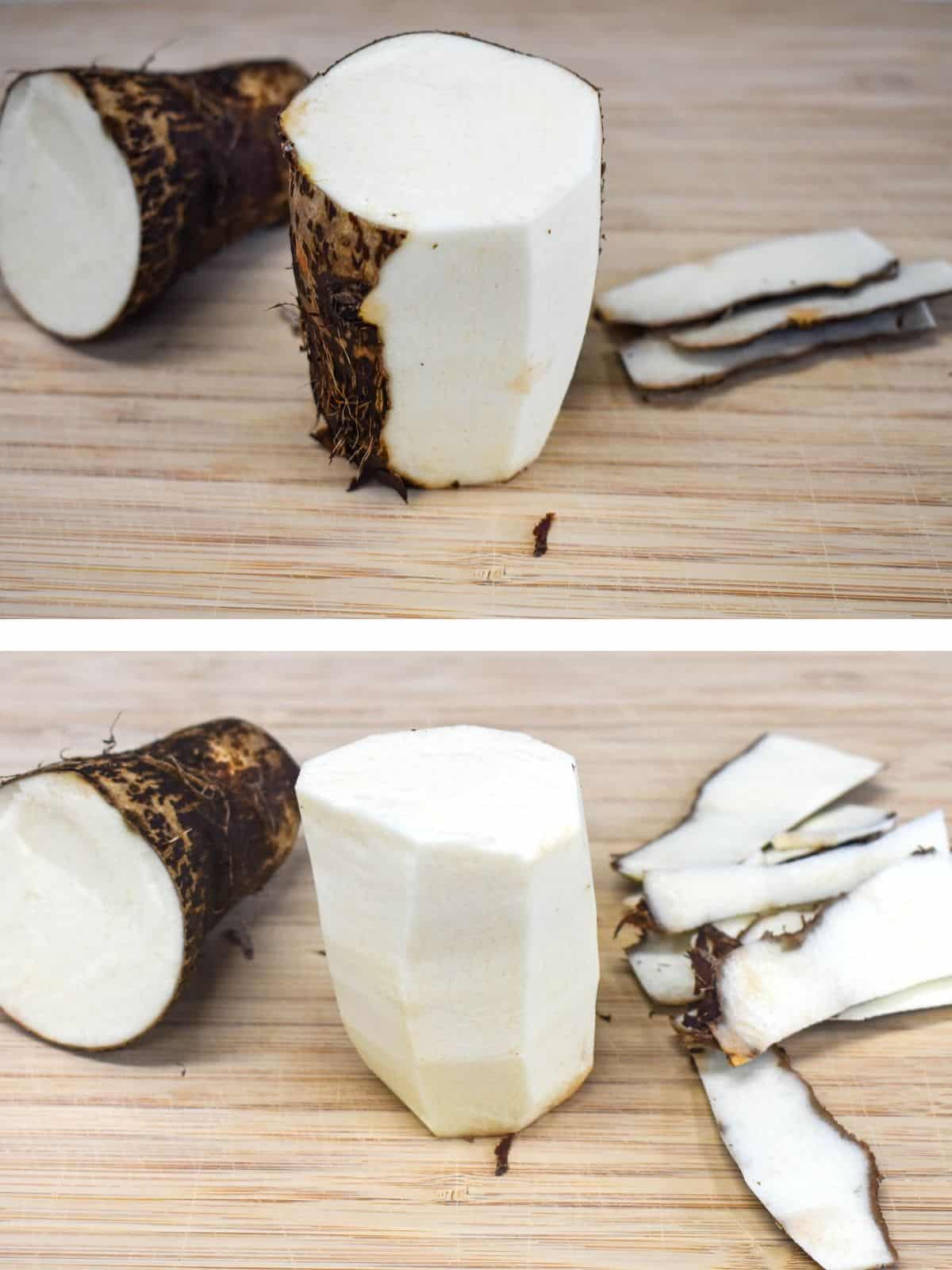 Two images showing a malanga cut in half in the process of peeling on a wood cutting board.