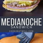 Two images of the sandwich with a graphic in the center in gray with white letters with the title.