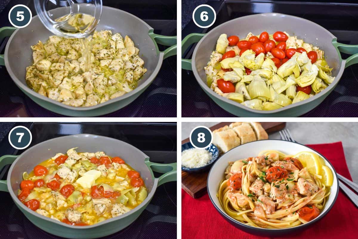 Step-by-step images showing how to finish the dish: 5) wine added to cooked chicken in skillet, 6) tomatoes and artichokes added, 7) dish simmering with butter melting into sauce, 8) finished artichoke chicken served over pasta.